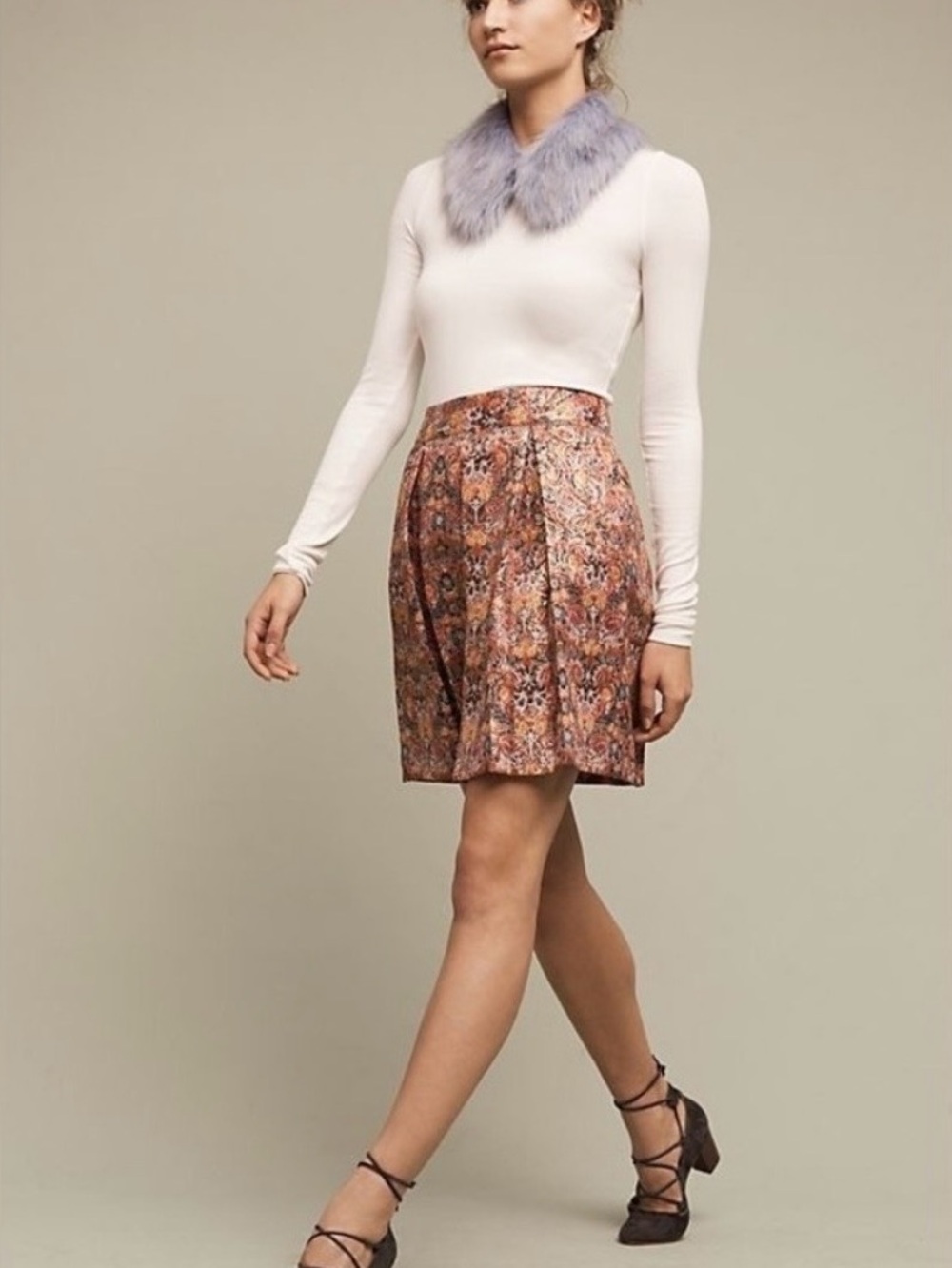 Anthropologie Rosia Skirt by Maeve Pleated A Line Red Floral Metallic Size Large